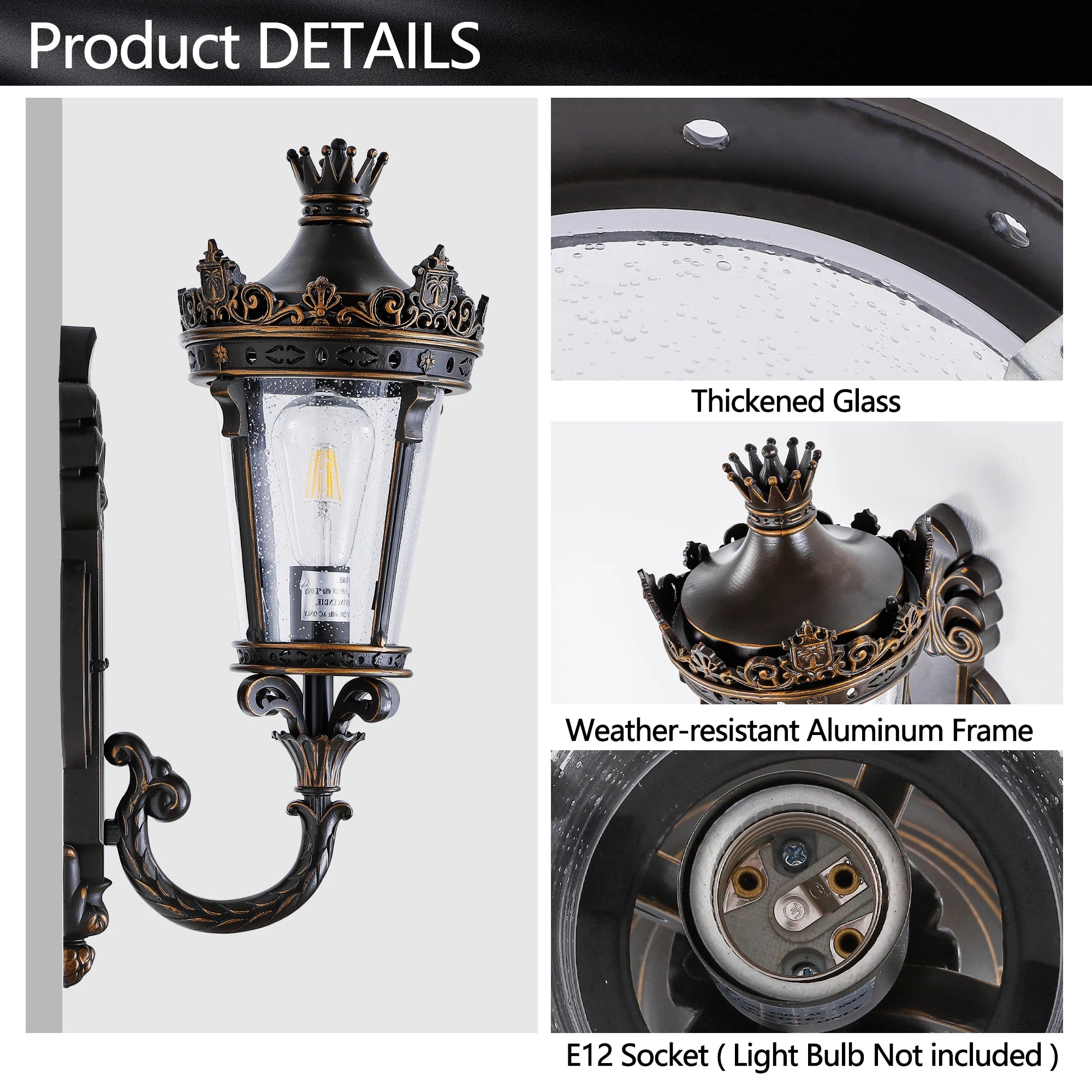 Vintage Outdoor Wall Lantern,Exterior Wall Sconce with Crown Top and Clear Glass, Decorative Outdoor Lighting Fixture (No bulb)