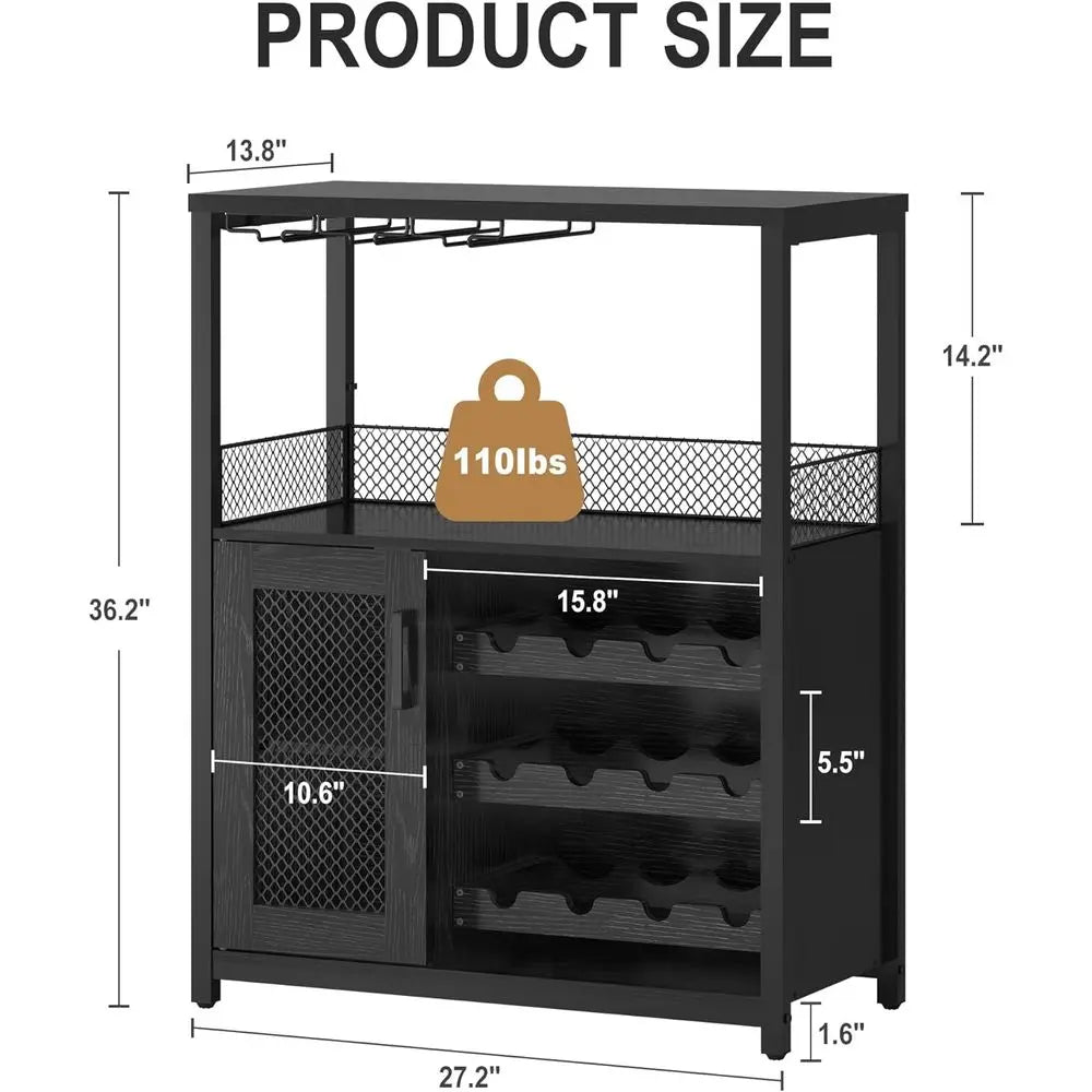 Industrial-Style LED-Lit Wine & Liquor Cabinet with Removable Glass Rack and Mesh Door, Black