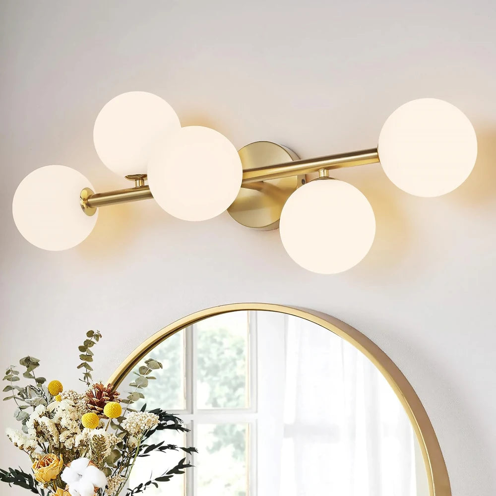 Mid-Century 5-Light Gold LED Bath Light Dimmable 3CCT with Milk Glass for Kitchen And Dining Indoor Wall Lamp