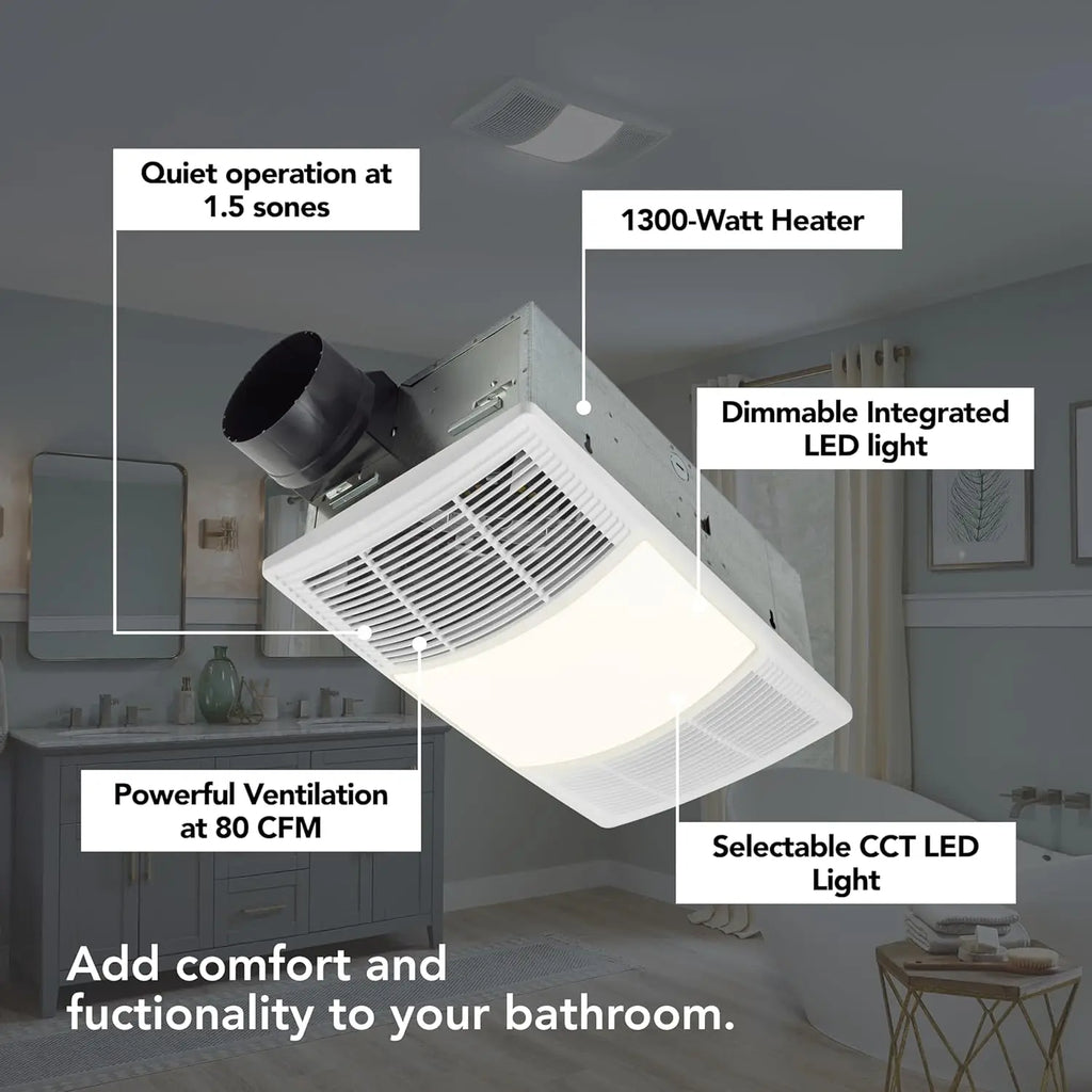 Quiet Bathroom Exhaust Fan with Heater, 80 CFM Ventilation, 3-Level CCT Lighting for Warm Comfort