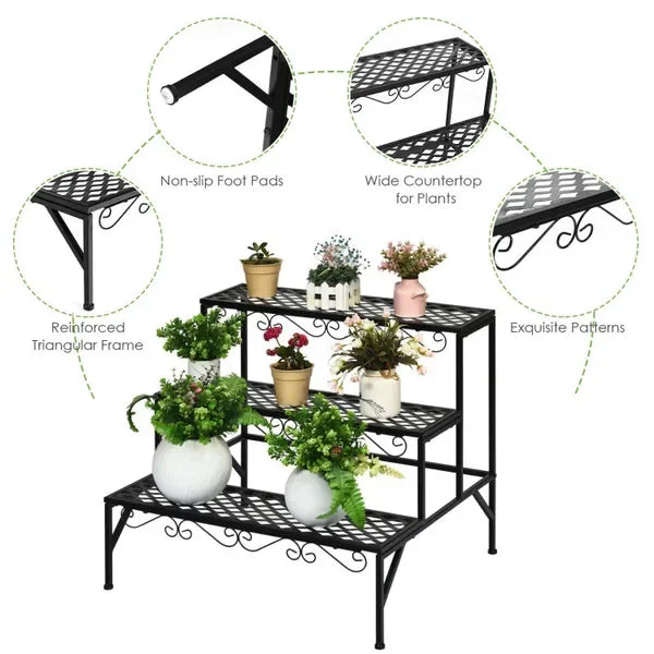 Elegant Three-Tier Metal Plant Stand with Modern Design for Indoor or Outdoor Use, Rust-Resistant Finish, Perfect for Flowers
