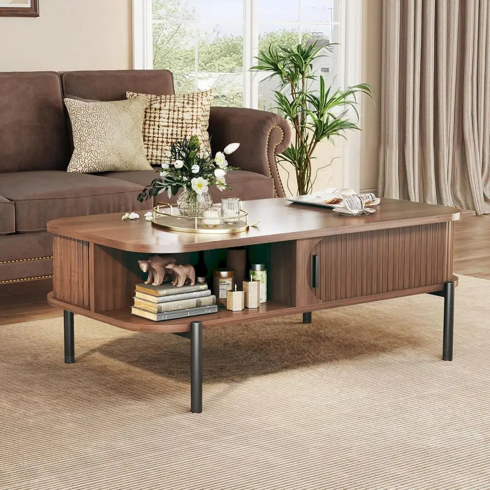 Rustic 2-Tier Walnut Coffee Table with Storage and Sliding Cabinet Door