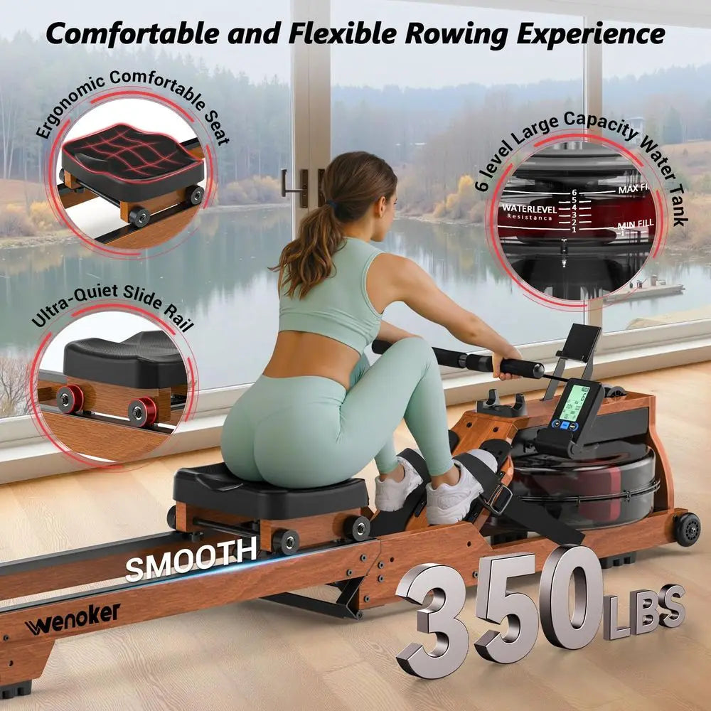 Rowing Machine for Home Use, Wooden Foldable Rower Machine with Dedicated Monitor amp Bluetooth APP, Large Water Tank amp Comfo