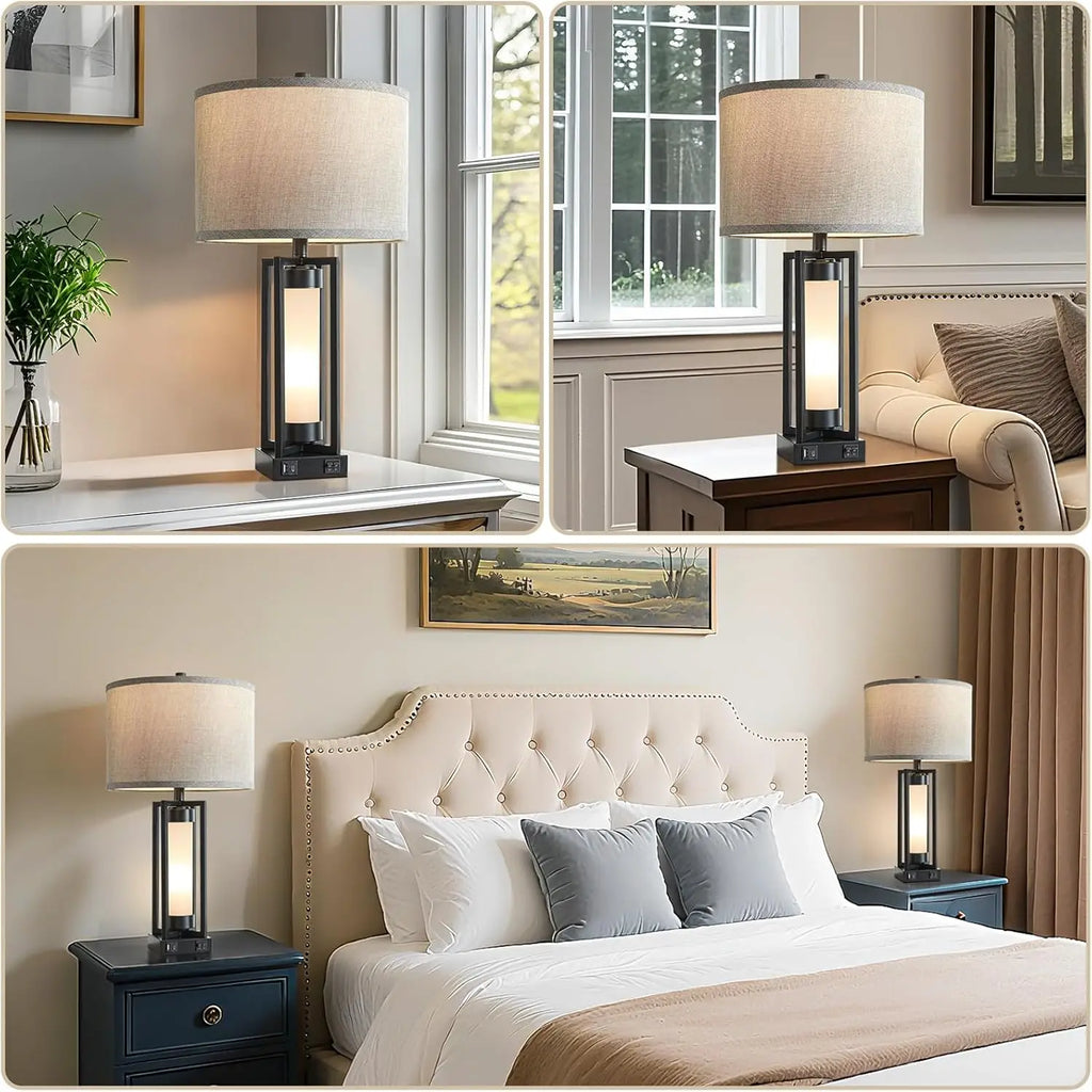 Set of 2 Modern Table Lamps with USB C+A Ports, Night Light, Retro Design for Living Room Bedroom, Includes 4 Bulbs
