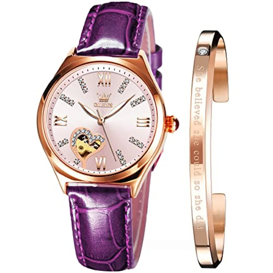 Watches for Women Automatic Ladies Watch Mechanical Leather Strap Self-Winding Diamond dial Waterproof
