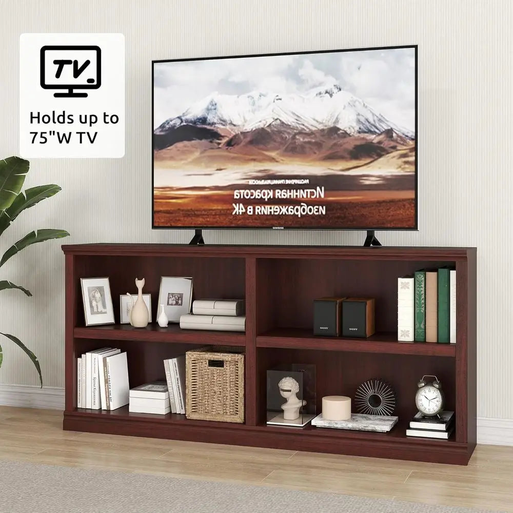 64 Double Wide 2-Tier Bookshelf with 4 Cubes, Cherry Wood, for Home and Office Storage and Display