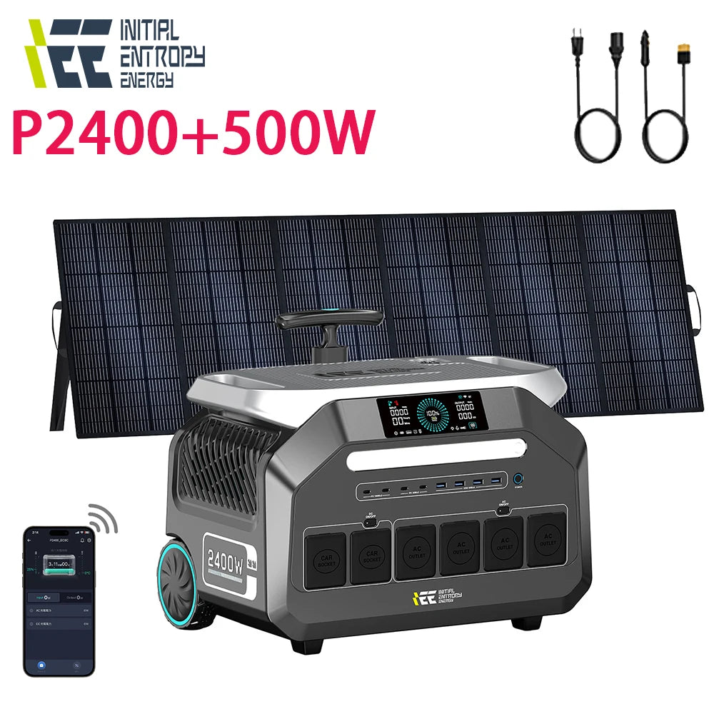 IEE P2400 Portable Power Station with 500W Solar Panel 2400W Solar Generator Power Storage 2048Wh LiFePO4 With 5000W Peak US AC