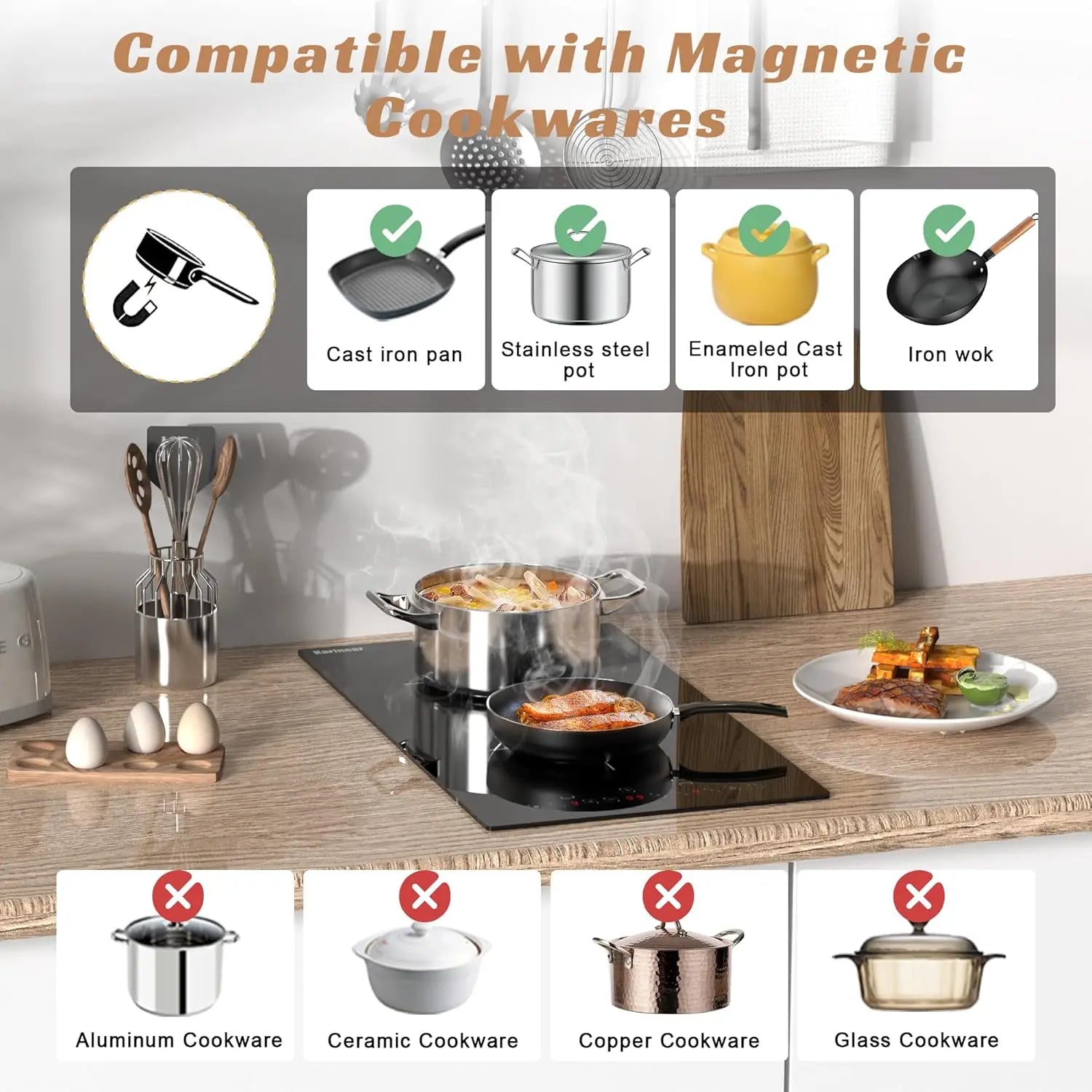 Karinear Induction Hob 29CM 2 Burner Drop In Electric Cooktop, Black Ceramic Glass with Booster, Timer,Safetylock Function, 230V