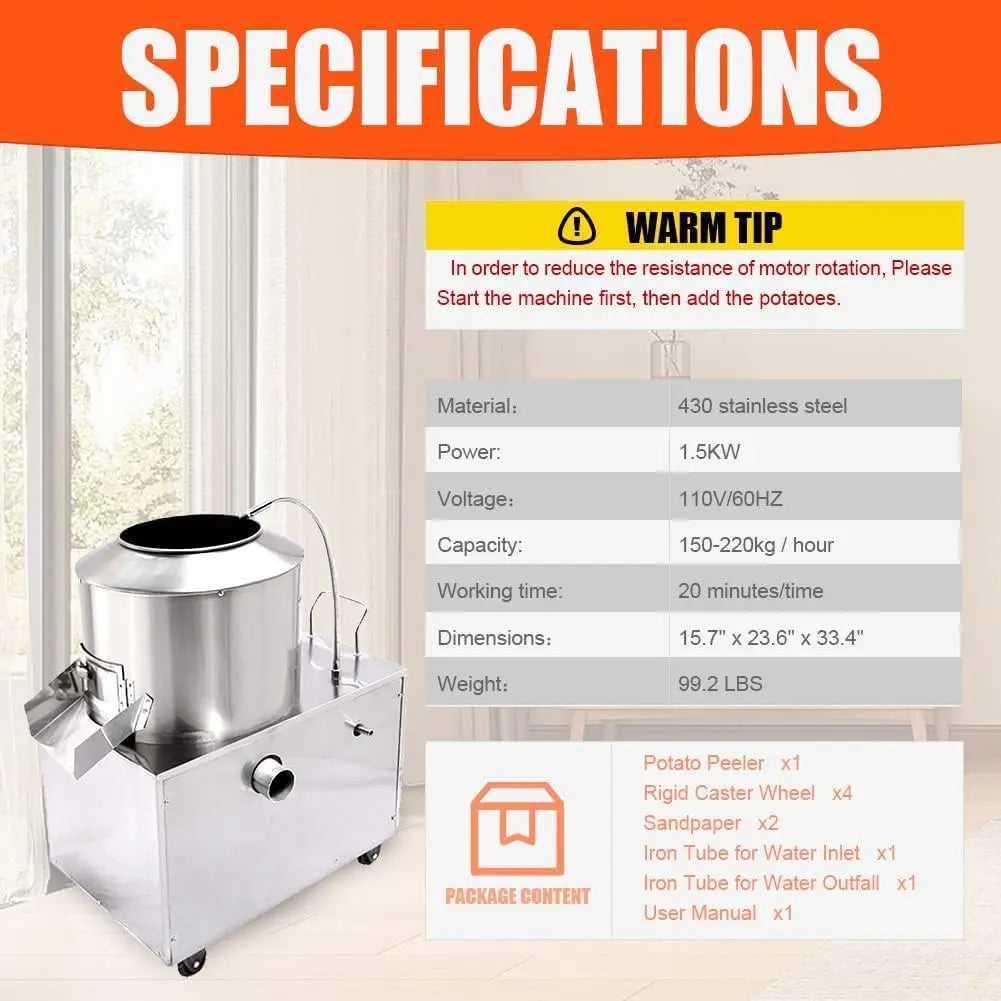 HPDMC Commercial Electric Potato Peeler 1500W Automatic Washer with Caster Wheels 430 Stainless Steel for Kitchen Use