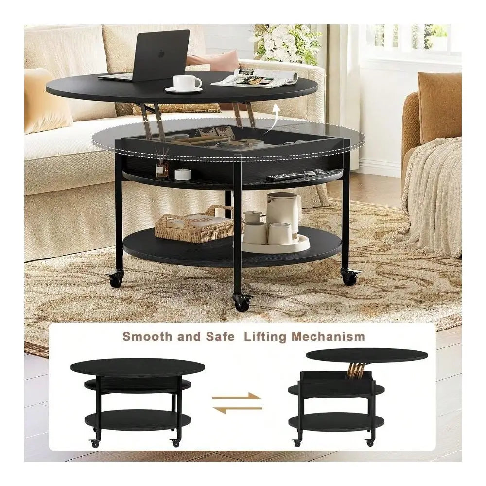 Desk, Round Lift Top Coffee Table With Wheels, Circle Center Table With Storage And Compartment, 26.77 Rolling Coffee Table Liv