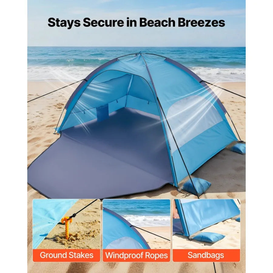 Beach Tent Sun Shelter for 4 Person UPF 50+ Protection Portable Sun Shade Canopy with Carrying Bag Sand Pockets Lightweight and