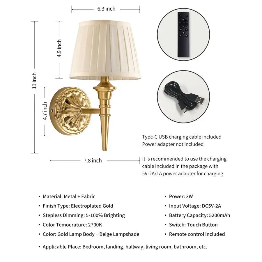 Cordless Wall Sconces Set of 2, Small Wireless 5200mAh Rechargeable Battery Fabric LED Wall Lamps, Portables Lightings for Wall