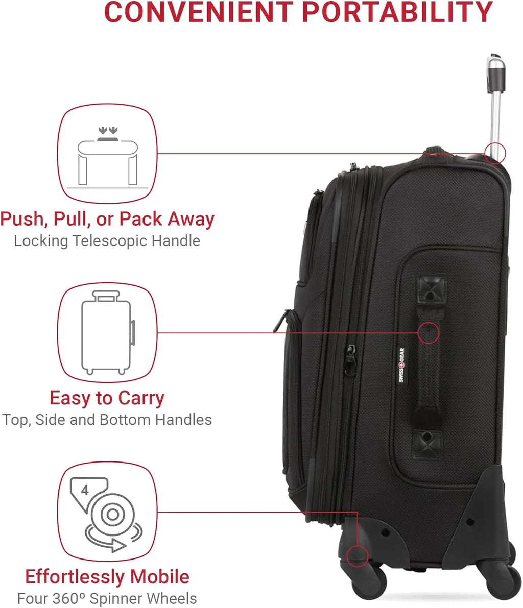 Expandable Spinner Luggage, Durable Lightweight Travel Suitcase in Black, Checked-Medium 25-Inch for Easy Trips