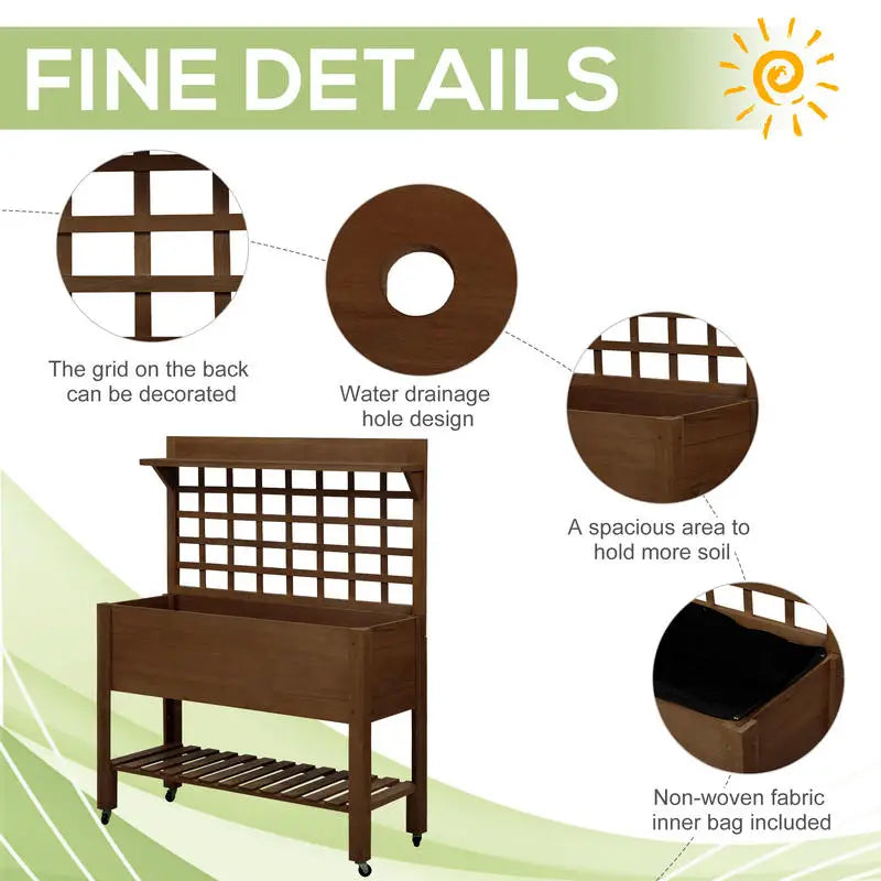 41" Raised Garden Bed Mobile Elevated Wooden Planter Box Stand with Wheels, Trellis and Storage Shelf, Dark Brown