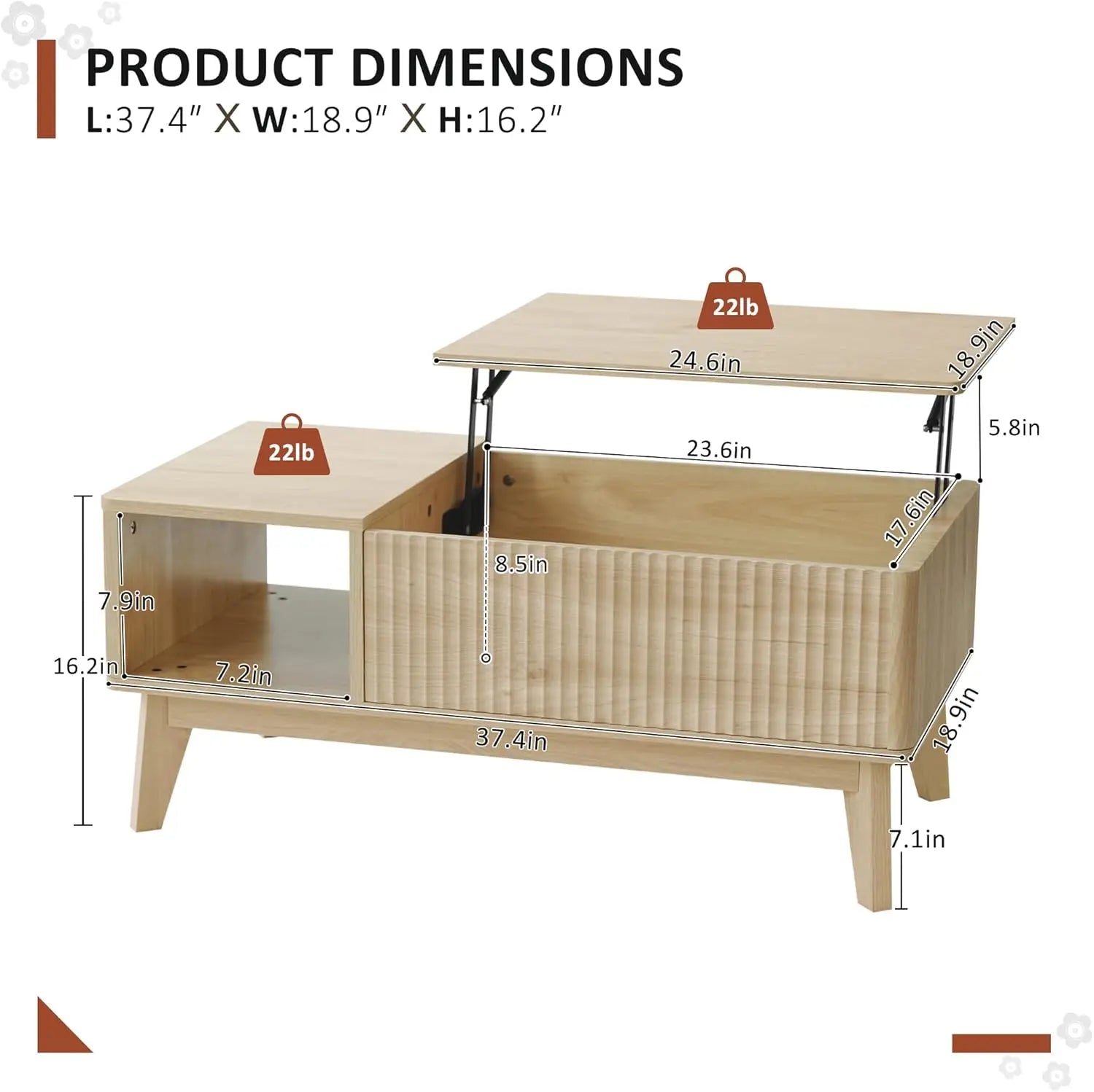Fluted Lift Top Coffee Table with Storage, Modern Design for Living Room and Home Office