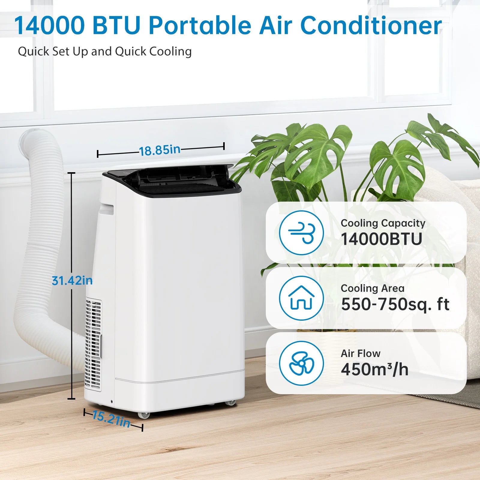 14000BTU Portable Air Conditioner, 3-in-1 Cooling Fan Dehumidifier, Remote Control & Window Mount Kit, Energy Efficient for Home