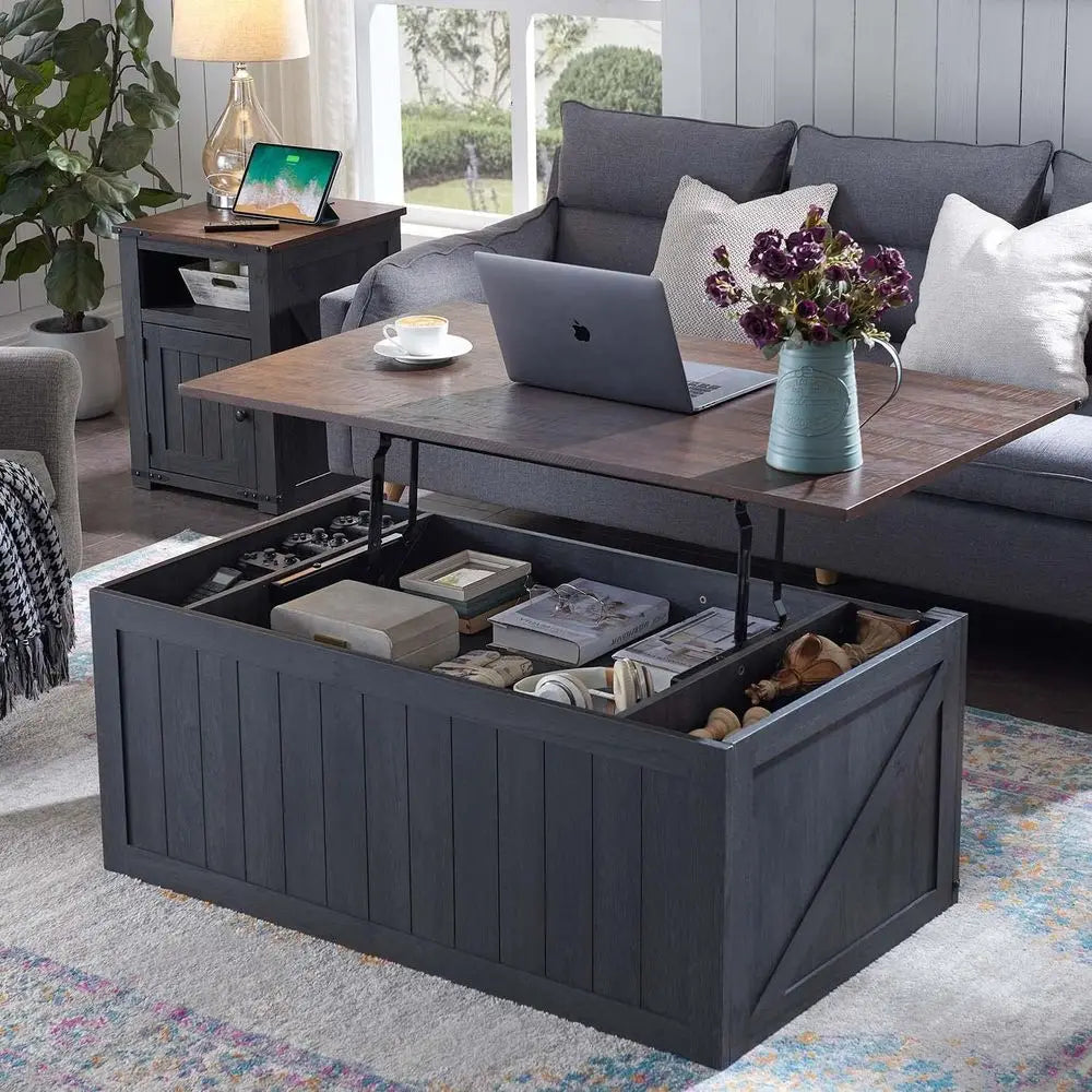 48 Large Coffee Table with Sliding Barn Door, Rustic Wood Design, Double Storage Spaces, Gray Living Room Furniture