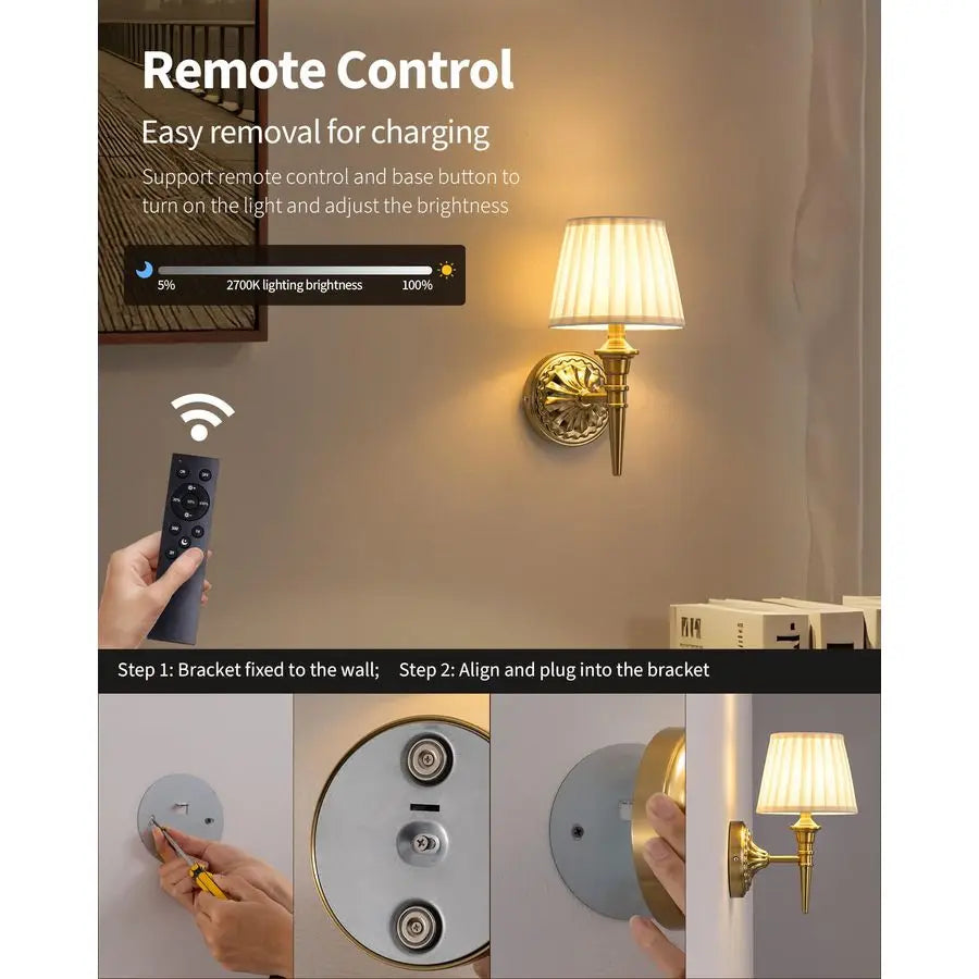 Cordless Wall Sconces Set of 2, Small Wireless 5200mAh Rechargeable Battery Fabric LED Wall Lamps, Portables Lightings for Wall