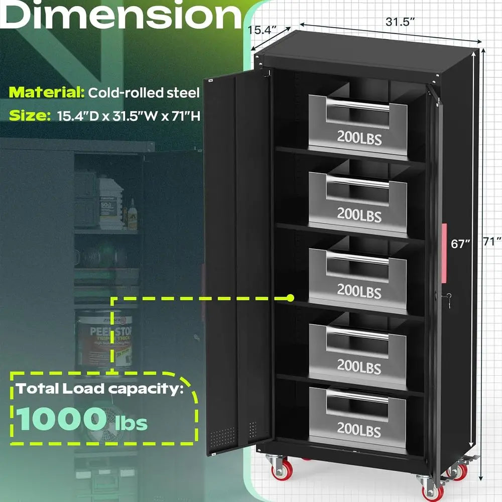 71 Tall Metal Storage Cabinet with 4 Shelves, 2 Locking Doors, Wheels for Garage, Home, Office, Workshop - Black