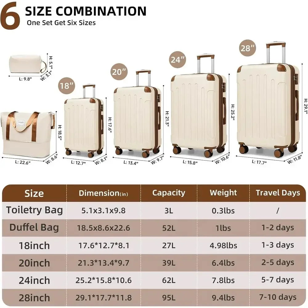 6-Piece Expandable Hard Shell Suitcase Set with TSA Lock and Double Spinner Wheels (White Brown)