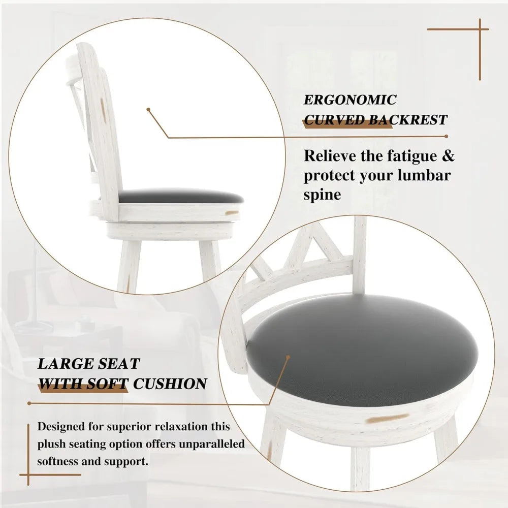 24 Inch High Back Swivel Bar Stools with Upholstered Seats and Solid Wood Footrests