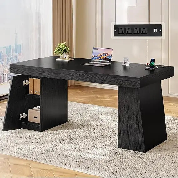 55.9 in Executive Desk with Power Outlets, Modern Home Office Desk with Storage Cabinet, Wood Computer Desk Business Workstation