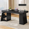 55.9 in Executive Desk with Power Outlets, Modern Home Office Desk with Storage Cabinet, Wood Computer Desk Business Workstation