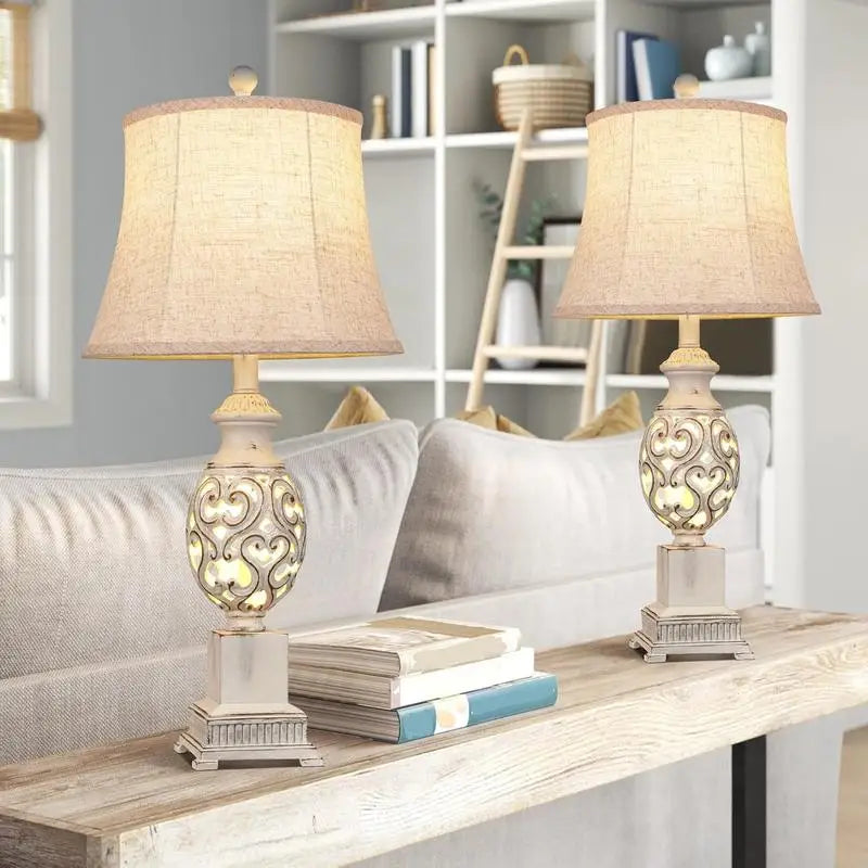 Set of 2 Table Lamps, 28" Tall Bedside Lamps with Nightlight, Rustic Farmhouse Nightstand Lamps with Linen Shades for Living
