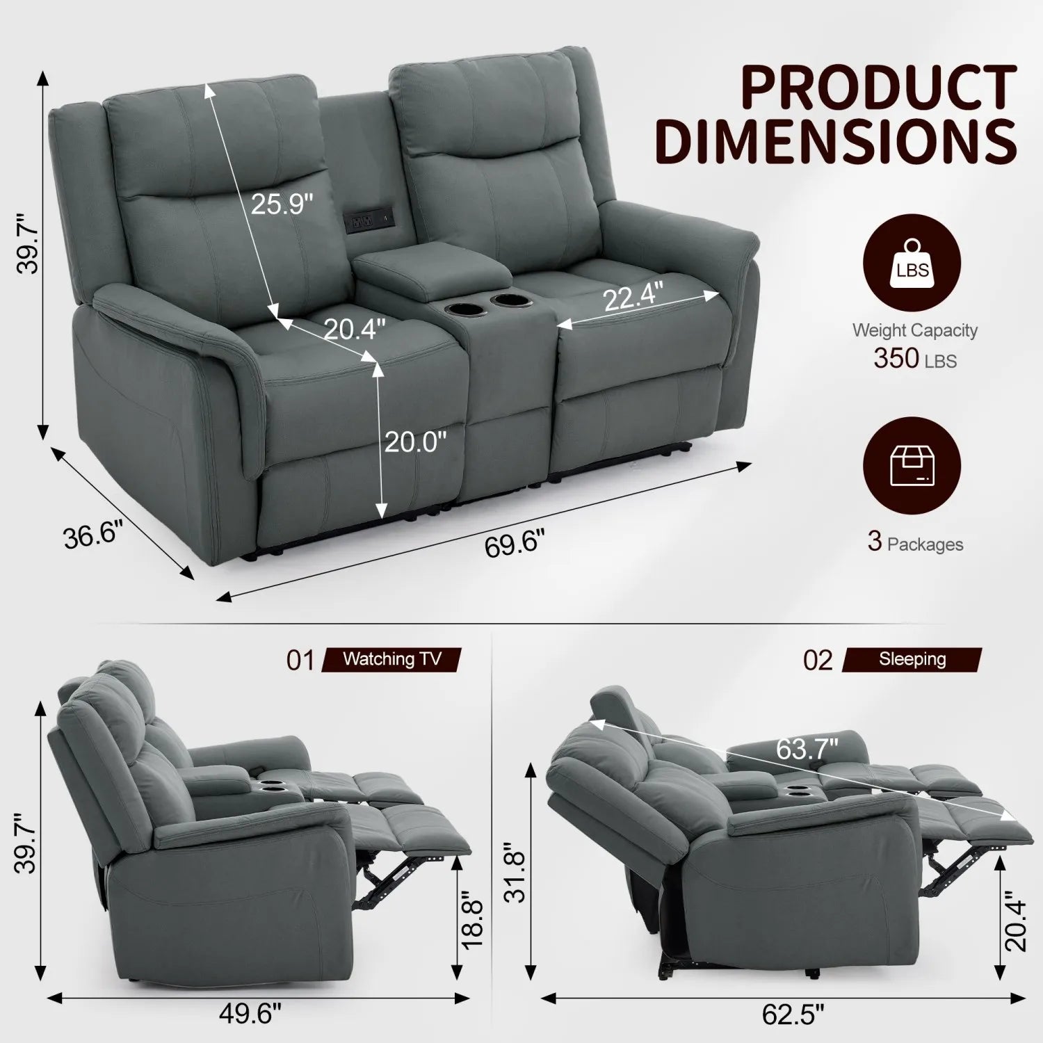 Korser 2-Seater Loveseat Recliner, Reclining Sofa with USB Ports, Cup Holders for Home Theater
