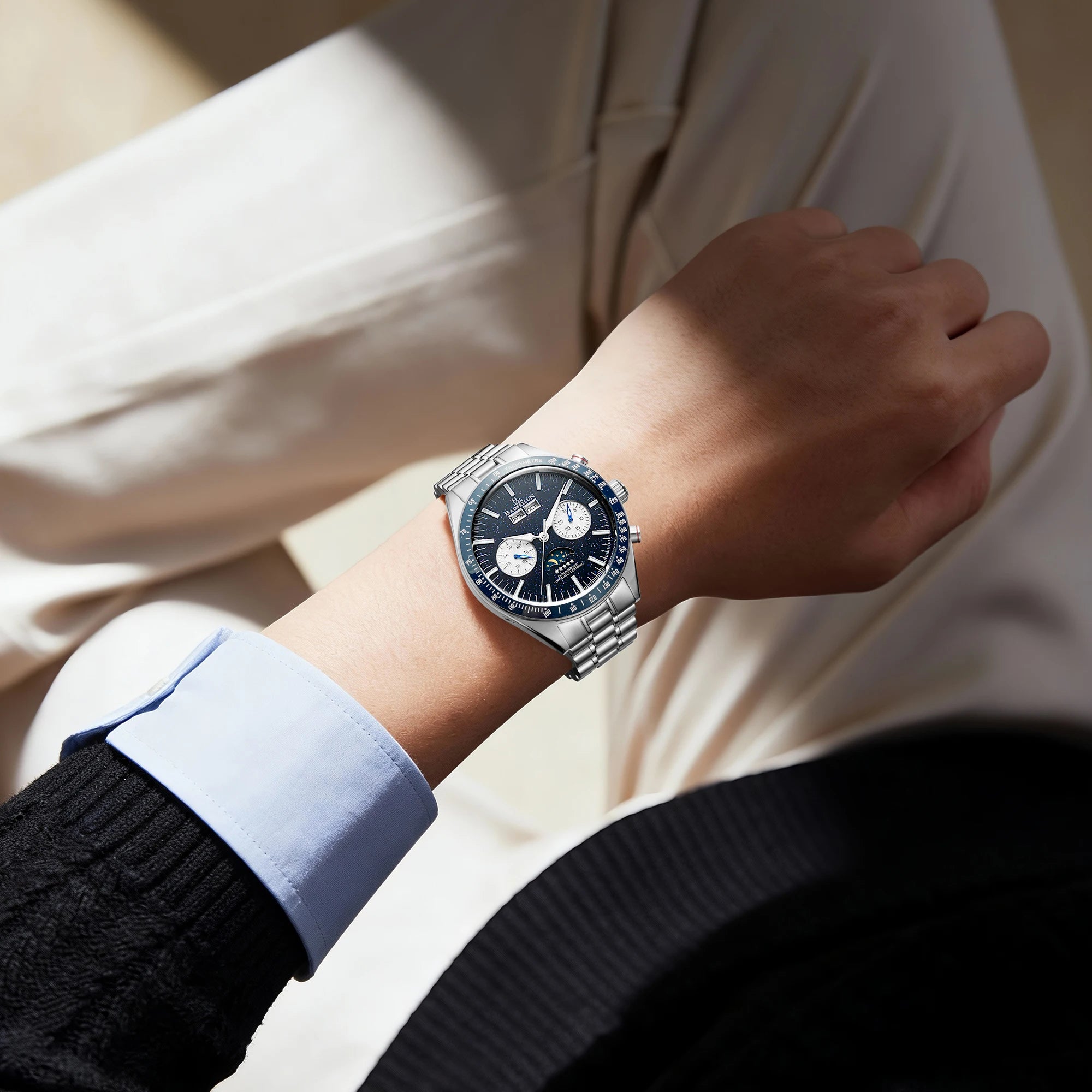 BAOFEILUN Moonwatch Style Automatic Watch Full Calendar 42MM Galaxy Dial Mineral Crystal 30M Waterproof Luxury Reloj Hombre Gift