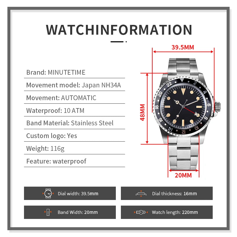 Custom LOGO Name NH34 Watch Luxury Vintage NH34Dial Mechanical Automatic Movement Waterproof Stainless Steel Wristwatch for Man