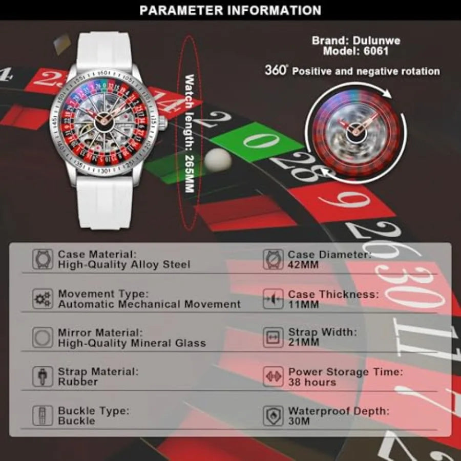 Men's Watch Automatic Hollow Mechanical Roulette Wheel Design 30M Waterproof Casual Fashion Wristwatches for Men