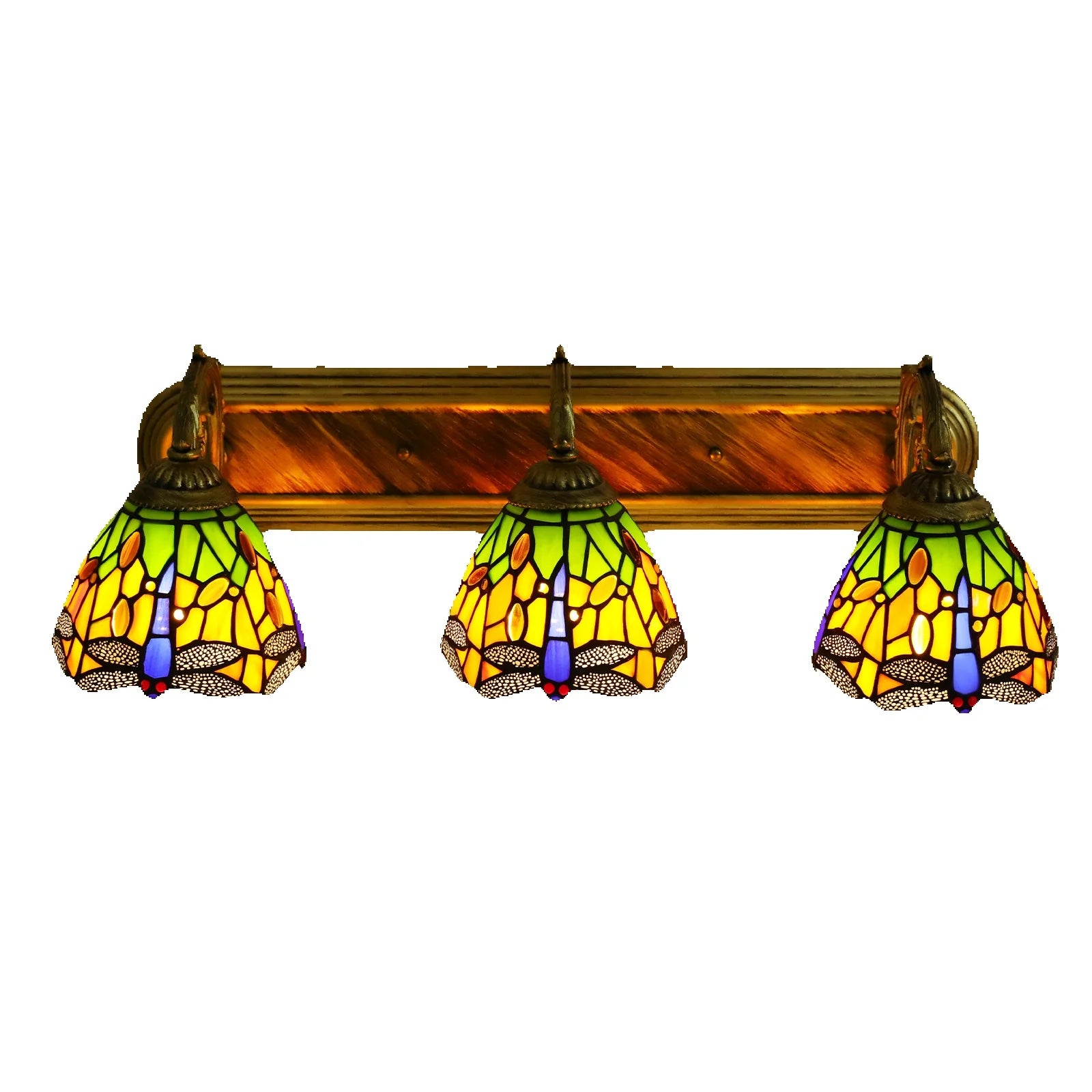 3-light Dragonfly Patterns Wall Lamp with 3 Standard E27 Lamp Holders and Colorful Glass Lampshades for Living Rooms, Cafes