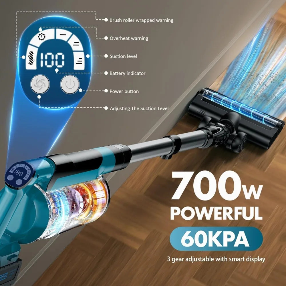 700W Cordless Vacuum Cleaner 8000mAh, Brushless Stick Vacuum 3 Modes 6-in-1 for Pet Hair Hardwood Floor