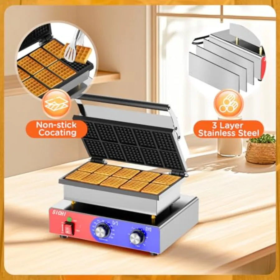 Commercial Square Waffle Maker with Stainless Steel Non-stick Pans 550 Temperature Control and Timer 1550W Double Baking Waffle