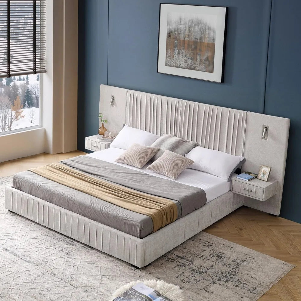 King Size Luxury Bed Frame with Pleated Design Headboard, Upholstered Hotel Platform Bed with Built-in LED Lights and Nightstand