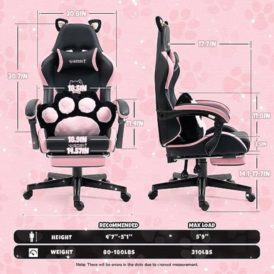 Cat Ears PU Leather Gaming Chair Ergonomic Adjustable Office Desk Computer Chairs for Gamers Adults 360 Degree Swivel Recliner