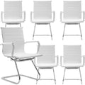 Set of 6 White PU Leather Office Chairs without Wheels for Computer, School, Conference, and Waiting Rooms