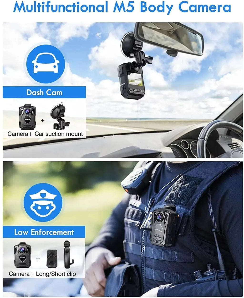 BOBLOV M5 Police Body Camera GPS Recorder 1440P Body Mounted Cam 256GB Body Camera Night Vision IR IP67 Dashcam Car Suction Cam