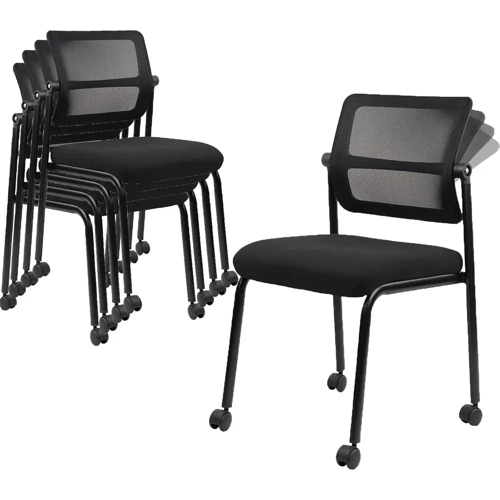 Adjustable Mesh Backrest Stacking Office Chair with Wheels, Ergonomic Lumbar Support, Leather Seat Cushion for Conference, Lobby