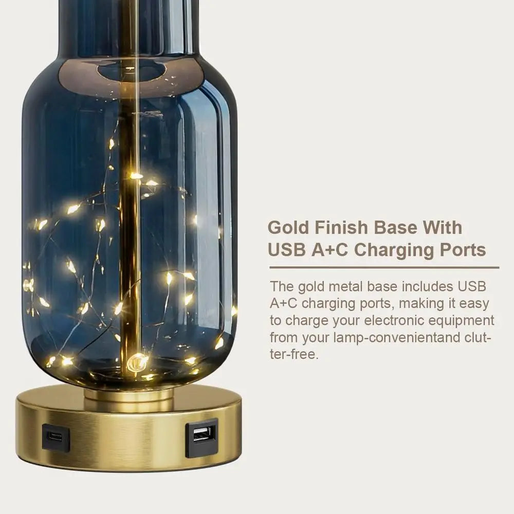 Set of 2 Blue Glass Table Lamps with LED Night Lights, USB Ports for Living Room, Bedroom, Study, and End Tables (2 Bulbs Includ