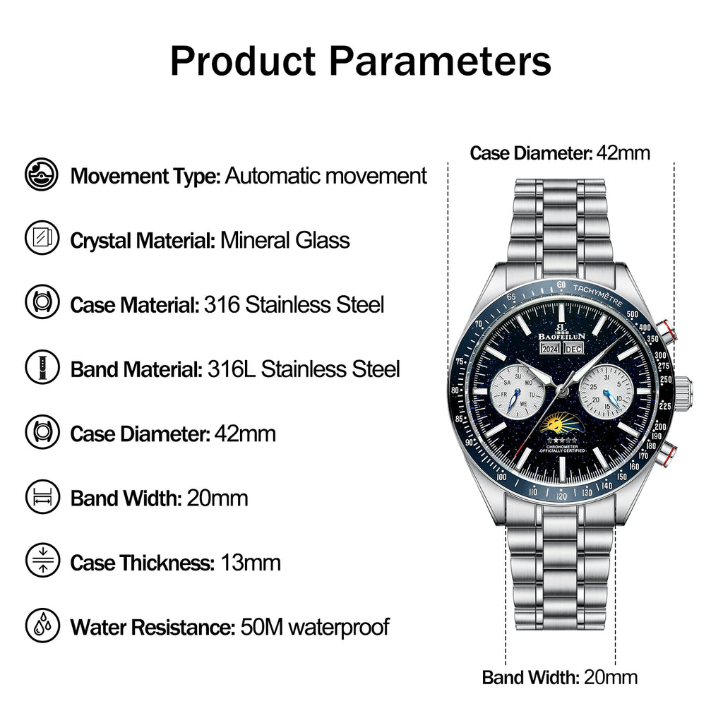BAOFEILUN Moonwatch Style Automatic Watch Full Calendar 42MM Galaxy Dial Mineral Crystal 30M Waterproof Luxury Reloj Hombre Gift