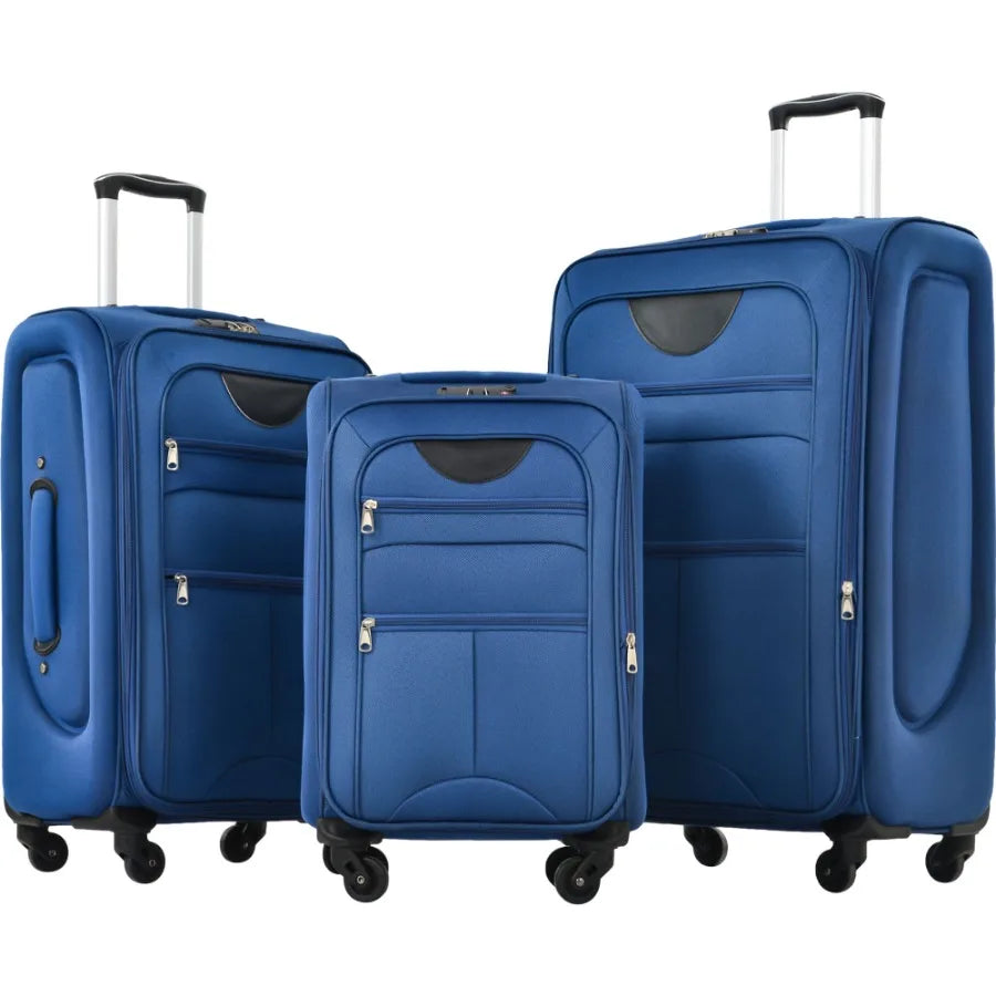 Travel luggage set for airport and business trips: softshell expandable upright spinners in navy blue, lightweight and durable