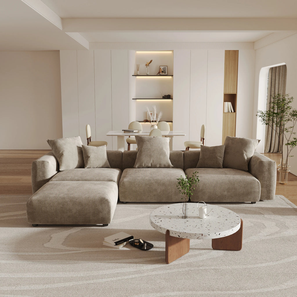 Sdorens 141.73'' L Shape Sectional Sofa Corduroy Fabric Couches Oversized 3 Seater Couch with 1 Ottomans for Living Room Set