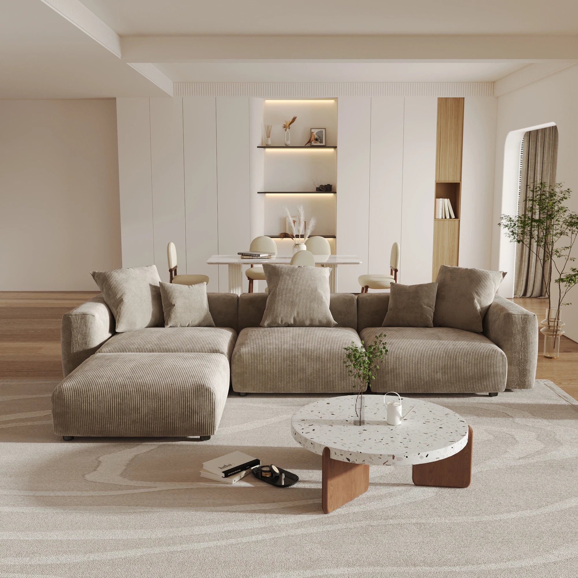 Sdorens 141.73'' L Shape Sectional Sofa Corduroy Fabric Couches Oversized 3 Seater Couch with 1 Ottomans for Living Room Set