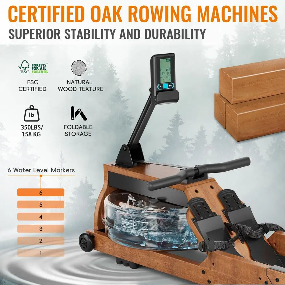 Rowing Machine for Home Use, Wooden Foldable Rower Machine with Dedicated Monitor amp Bluetooth APP, Large Water Tank amp Comfo