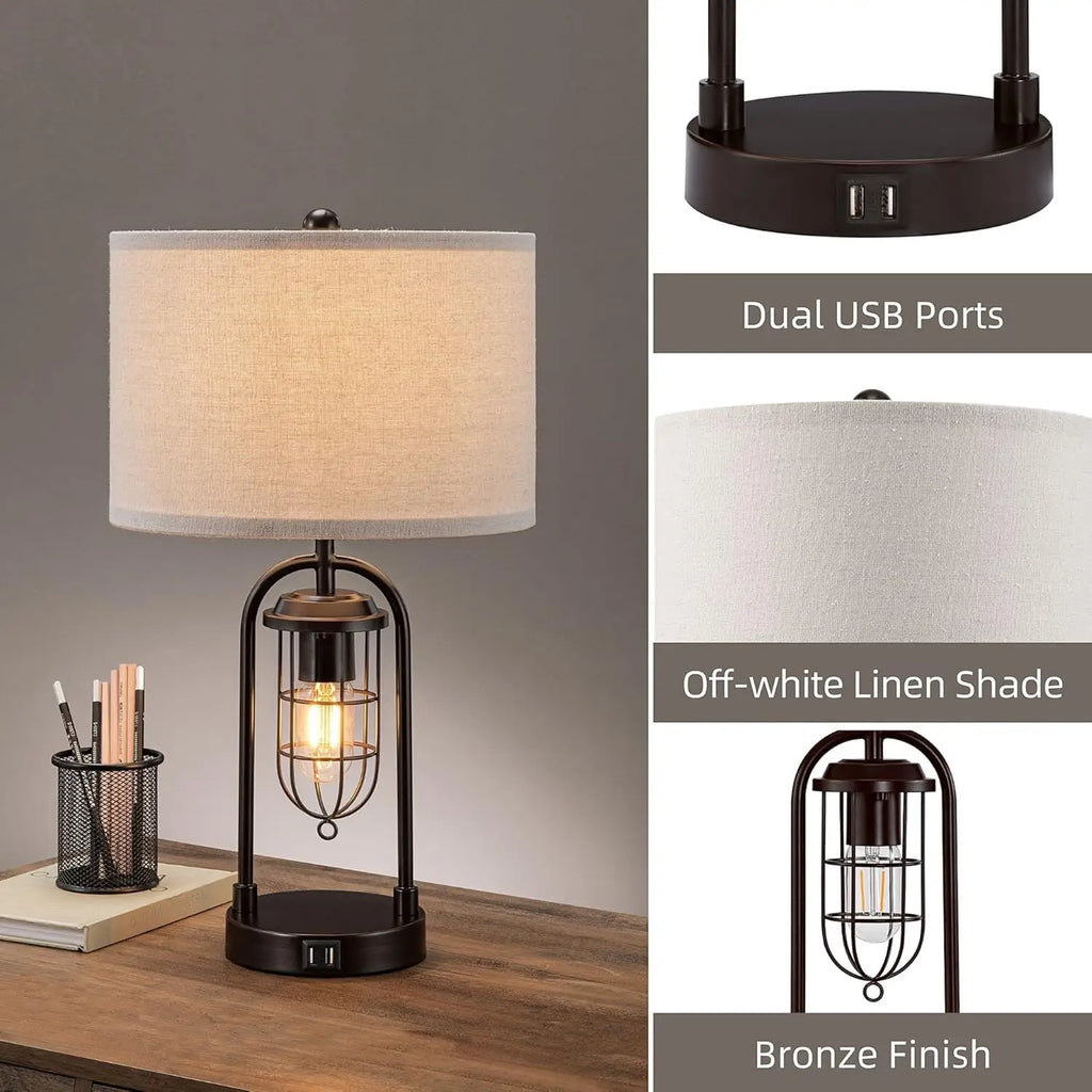 Set of 2 Modern Table Lamps with USB Ports and Night Light for Living Room Bedroom (Bulbs Included)