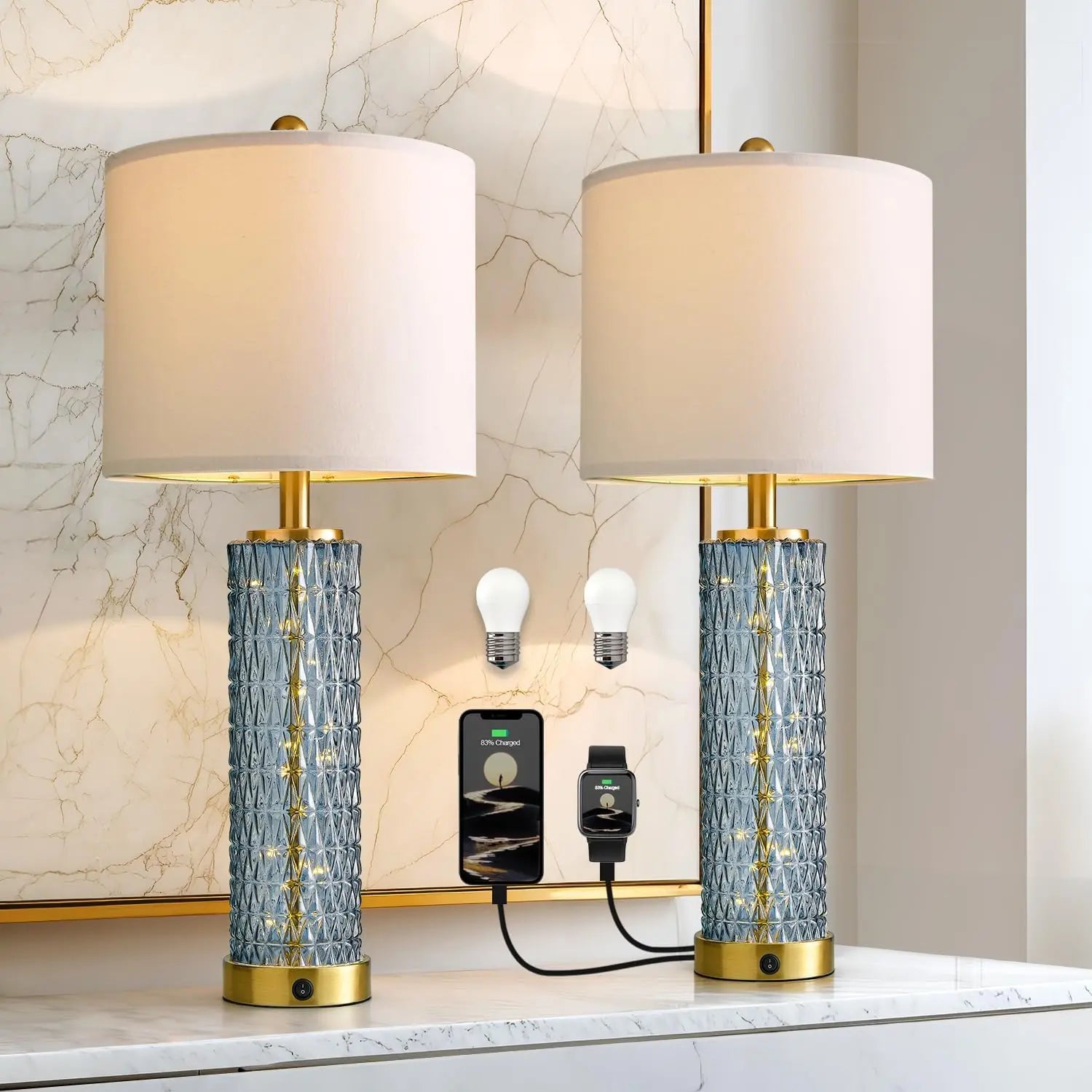 Set of 2 Blue Modern Table Lamps with LED Night Light, USB Ports for Living Room and Bedroom (Bulbs Included)