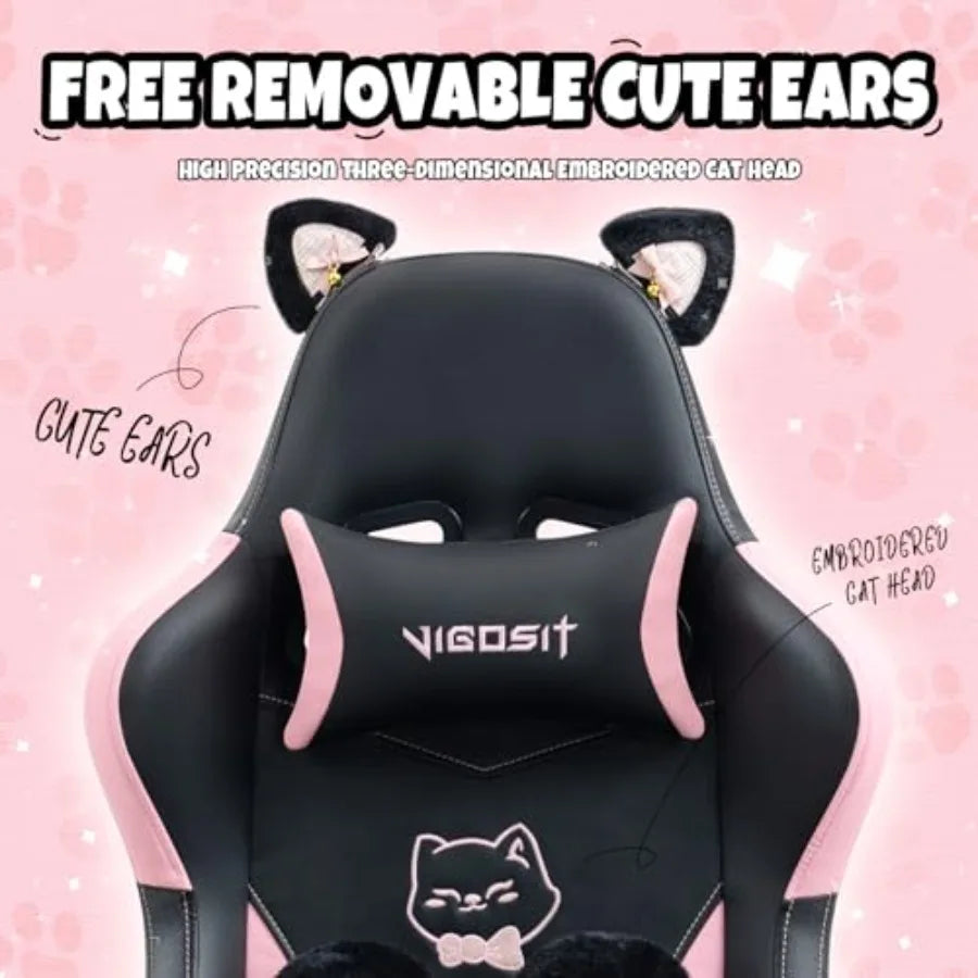 Cat Ears PU Leather Gaming Chair Ergonomic Adjustable Office Desk Computer Chairs for Gamers Adults 360 Degree Swivel Recliner
