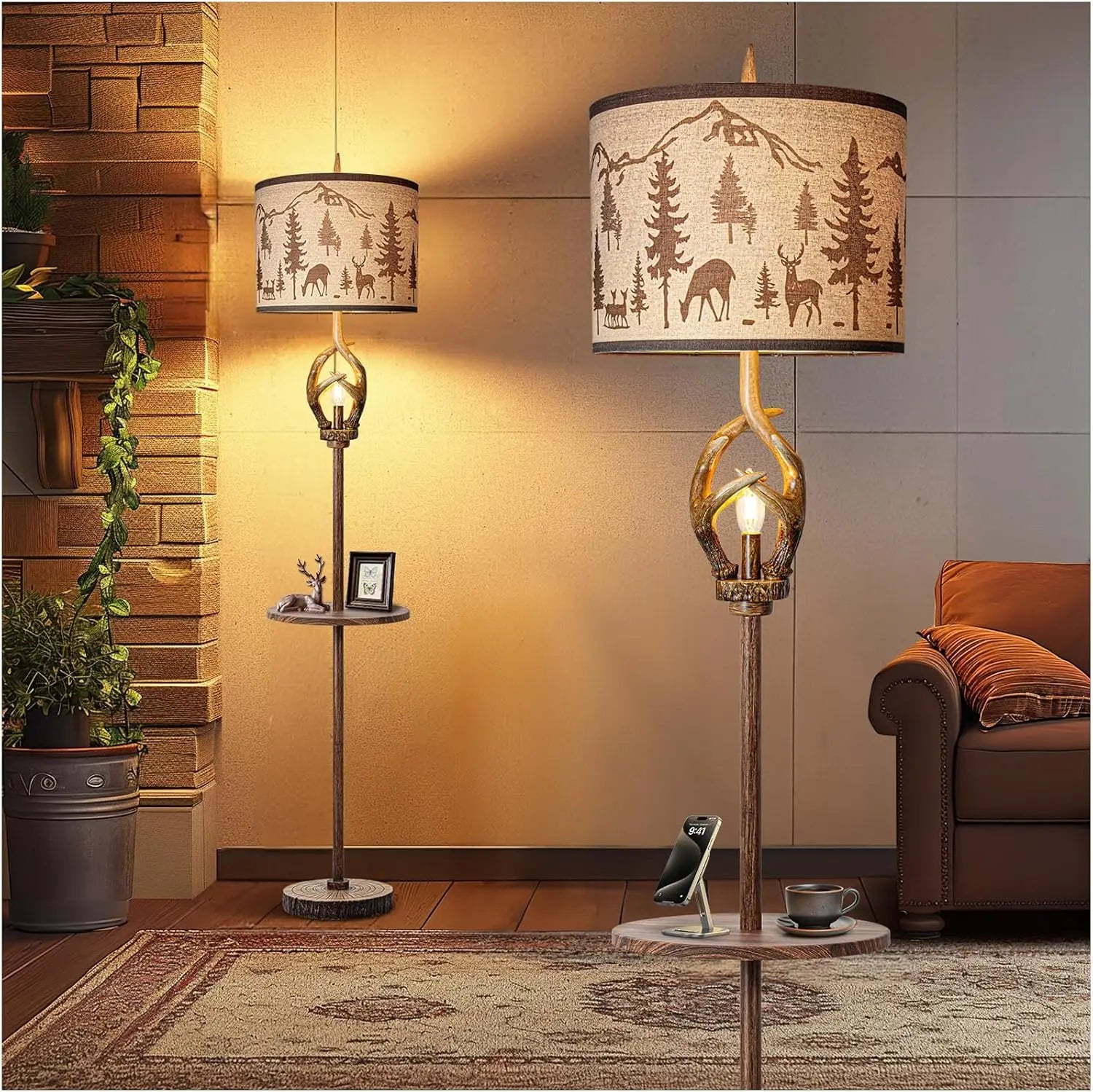 Rustic Antler Floor Lamp with Tray and Night Light, Farmhouse Vintage Decor for Living Room Bedroom Office